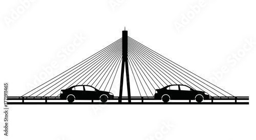 A silhouette of a cable stayed bridge with cars driving across it