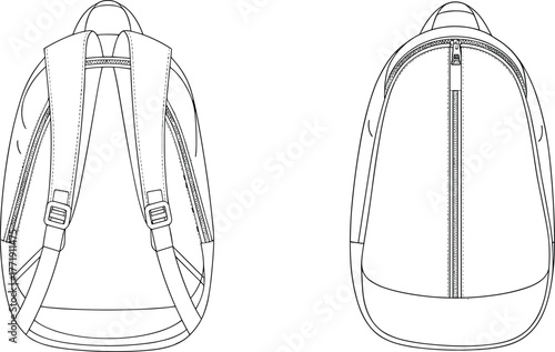 Backpack technical drawing, front view, rear view, zipper design, shoulder straps, adjustment buckles, product sketch, gear blueprint, line art, manufacturing concept