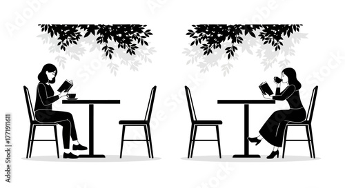 Two women enjoying quiet moments with books at separate cafe tables