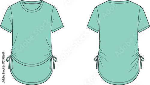 Front and back view of maternity top, mint green shirt, side ruching, drawstring detail, fashion design, comfortable fit, apparel sketch