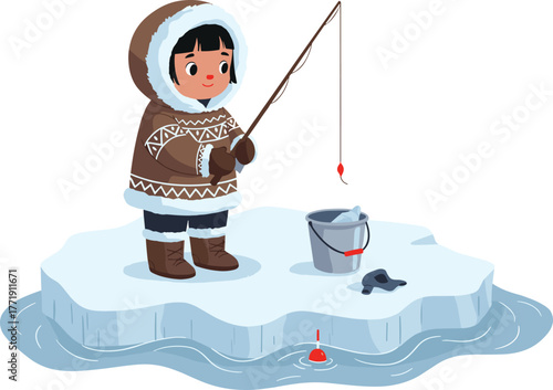 Ice fishing, winter child, cold weather, fishing rod, frozen lake, metal bucket, snow boots, parka coat, Arctic activity, outdoor survival