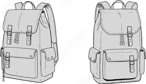 Line drawing of two backpacks with flap buckle closures, front and side pockets, shoulder straps, top handle, fashion sketch, gear icon