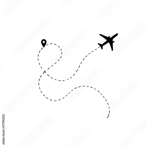 Skyward Journey: An airplane embarks on a captivating flight path marked by a delicate dotted line, symbolizing travel and adventure, and a destination marker indicates a start or arrival.
