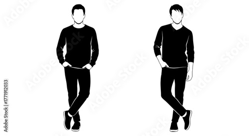 Two identical black and white silhouettes of a man standing casually