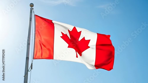 Canadian flag waving proudly in the wind against a clear blue sky