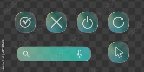 Transparent glass UI kit with search bar and squircle buttons, frosted glass morphism icons for check, close, power, refresh and cursor on transparent background for web and app design
