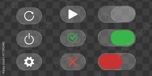 Transparent glass UI buttons and toggle switches set, frosted pill controls with play refresh power check close gear icons and on/off states for web and app interface design