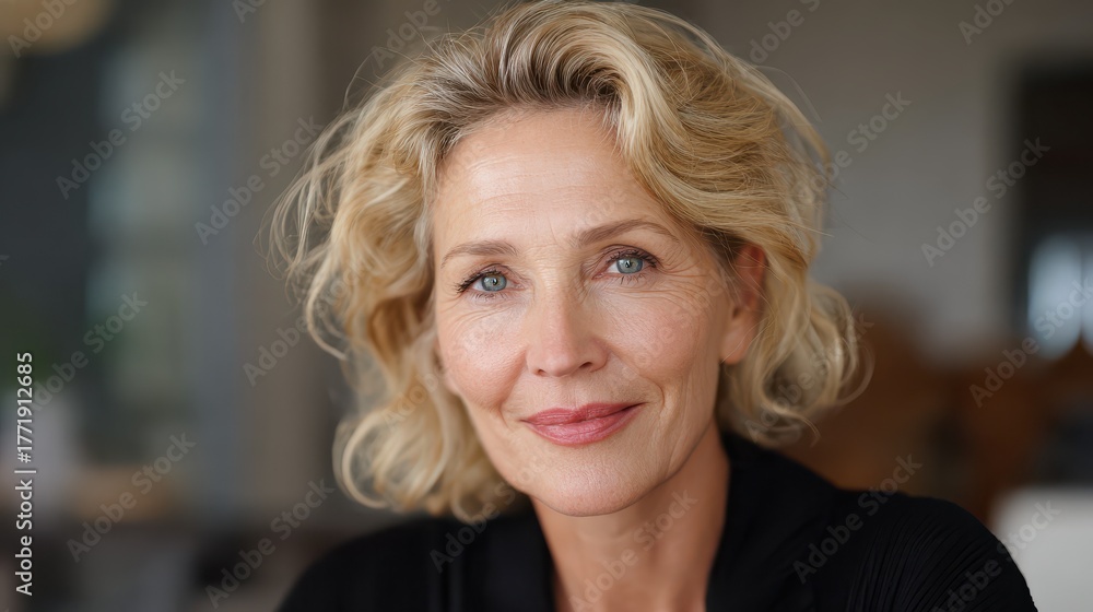 Fototapeta premium smiling sophisticated 50s middle aged blond business woman looking at camera happy mature elegant old lady professional businesswoman posing at home office headshot close up portrait no logos no bran