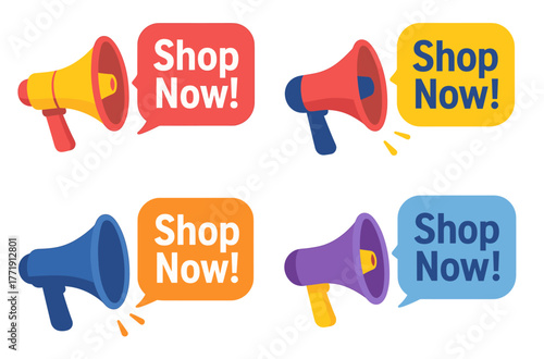 Colorful megaphones promoting shopping with bold shop now messages