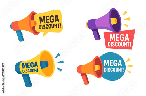 Bright megaphones announcing mega discounts in vibrant colors