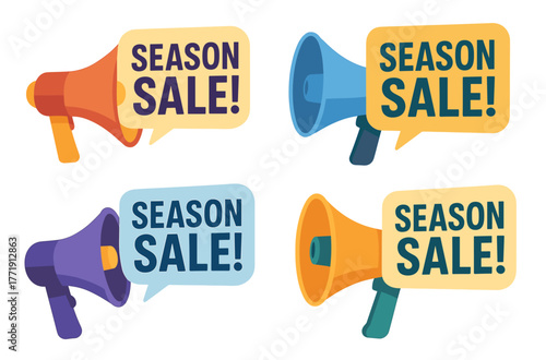 Colorful megaphone graphics promoting seasonal sale with speech bubbles