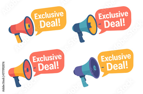 Colorful megaphones announcing exclusive deals with speech bubbles