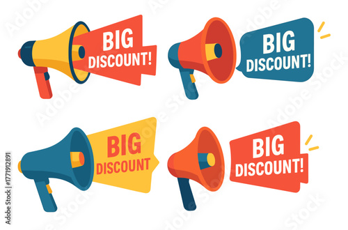 Colorful megaphones announcing big discount offer in various styles and colors
