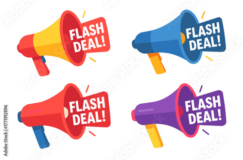 Colorful megaphones announcing flash deals in red, blue, yellow, purple