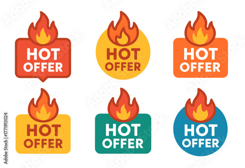 Colorful hot offer badges with flame icons on white background