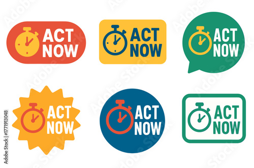 Colorful act now badges with stopwatch icons in various shapes