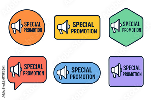 Colorful special promotion labels with megaphone icons