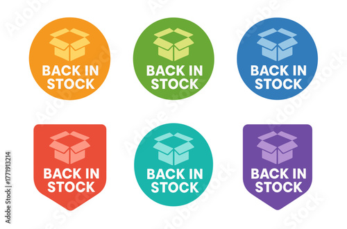 Colorful back in stock icons with box symbol in six variants