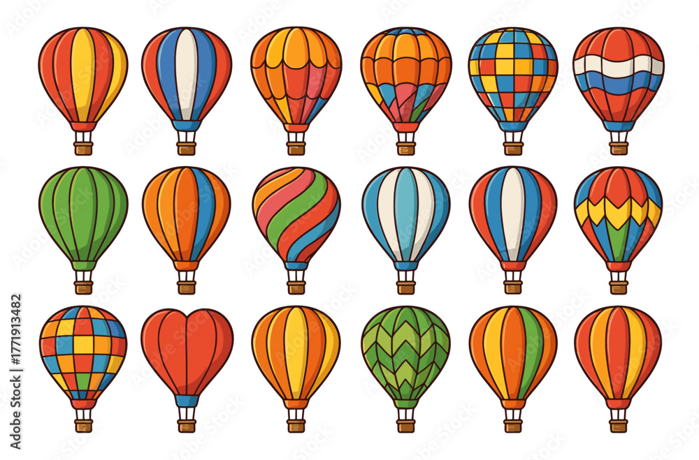 Obraz premium Colorful hot air balloons collection with various patterns on white background