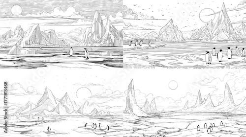Scenic Antarctic landscape illustration featuring icy mountains, penguins, and frozen sea. Hand-drawn black and white line art perfect for nature, wildlife, and expedition themes.