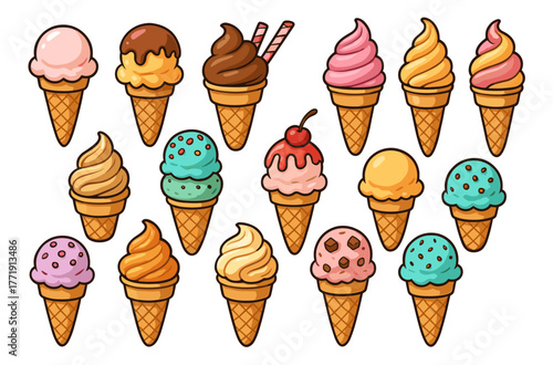 Variety of colorful ice cream cones with assorted flavors and toppings
