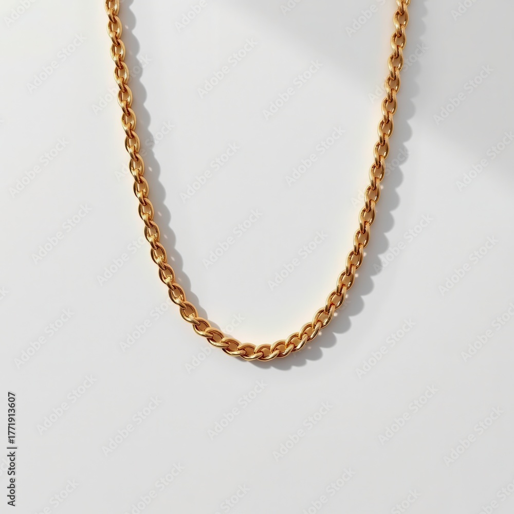 Obraz premium Elegant Gold Chain Necklace on White Background Perfect for Fashion and Jewelry Collection Displays