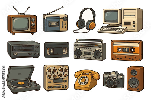 Vintage electronics collection: retro tv, radio, and audio devices