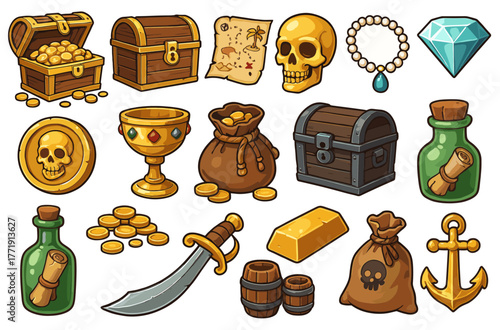 Treasure chest and pirate loot collection with coins, map, skull, diamond, and sword