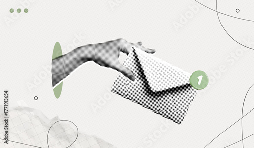 Trendy Halftone Collage Hand holding closed envelope with one notification. New message or letter in email. Online communication. Social media marketing. Contemporary vector illustration art