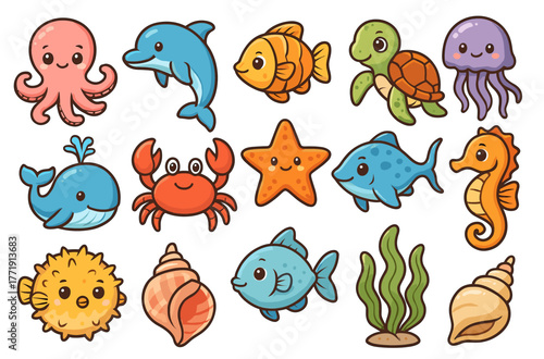 Colorful cartoon sea creatures collection: octopus, dolphin, fish, turtle, jellyfish, and more