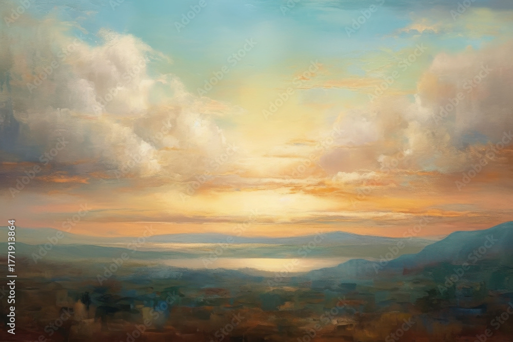 Obraz premium Impressionist Landscape Painting. Serene and natural style, muted color palette and loose brushstrokes. Emphasis on capturing the essence of light, atmosphere, and natural elements.