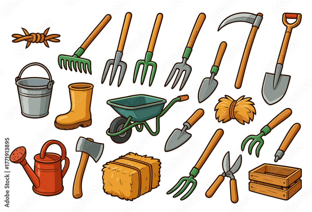 Fototapeta premium Collection of cartoon gardening tools including shovel, rake, and watering can