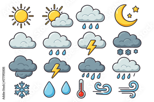 Set of weather icons featuring sun, clouds, rain, snow, lightning, and wind symbols