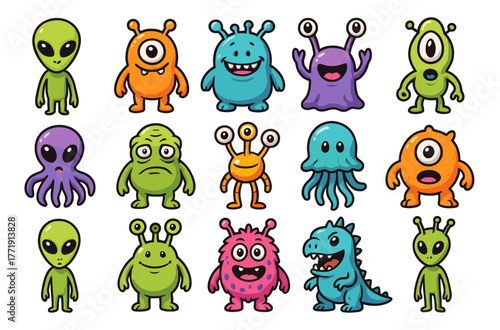 Colorful cartoon alien characters featuring octopus, monster, and dinosaurs