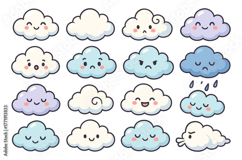 Cute cartoon clouds with various expressions and emotions on white background