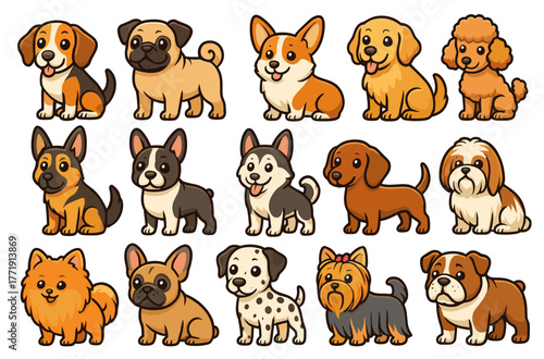 Adorable cartoon dogs collection: beagle, pug, corgi, golden retriever, poodle, german shepherd, bulldog