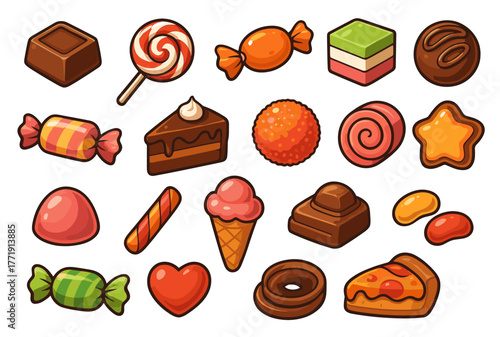 Colorful assorted candy and sweets collection on white background