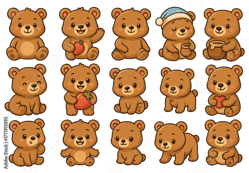Cute cartoon bears in various adorable poses and expressions with fruits and accessories