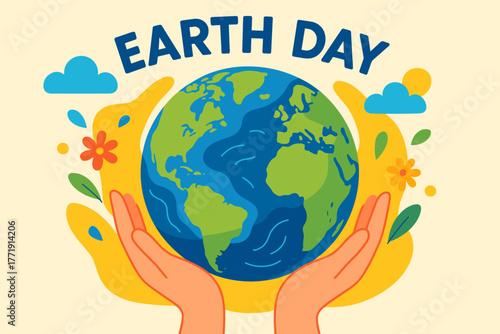 Earth day celebration: hands embracing planet with flowers and clouds