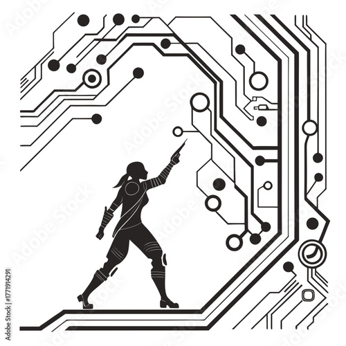 Cyberpunk girl in circuit board world