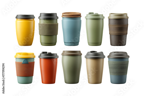 Wallpaper Mural Collection of diverse reusable coffee cups and takeaway drink containers arranged artistically isolated on transparent background Torontodigital.ca