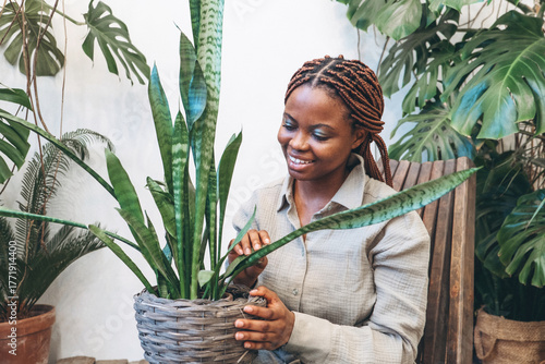 A woman caring for a beautiful snake plant in a cozy room