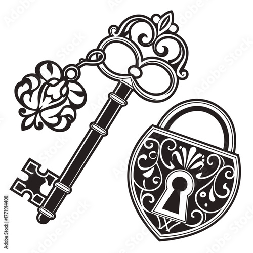 Ornate key and padlock silhouette