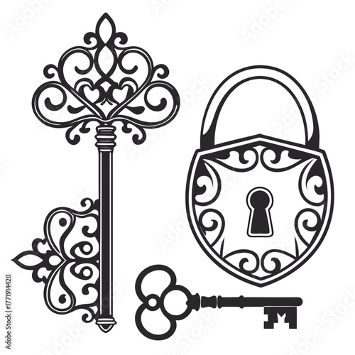 Ornate key and padlock illustration