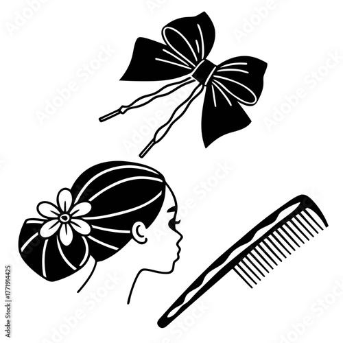 Hair accessories and hairstyle in black and white