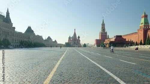 Red Square in Moscow. St. Basils Cathedral, Spasskaya Tower and the mausoleum, Russia