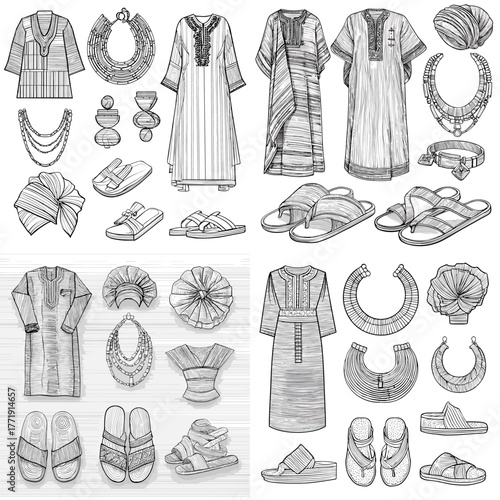 Hand-drawn collection of African traditional clothing, sandals, jewelry, and headwraps. Vintage line art illustration ideal for culture, fashion, and heritage design projects.
