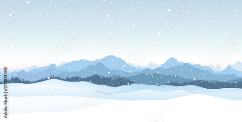 Photos Winter forest snowfall landscape with mountains