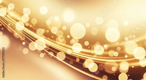 Warm golden abstract background with flowing light lines and shimmering bokeh circles creating luminous celebratory atmosphere