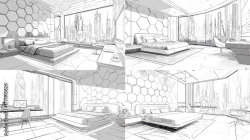 Futuristic bedroom sketch with geometric walls, large windows, and clean lines. Modern sci-fi interior concept perfect for architecture visualization and tech-inspired design.